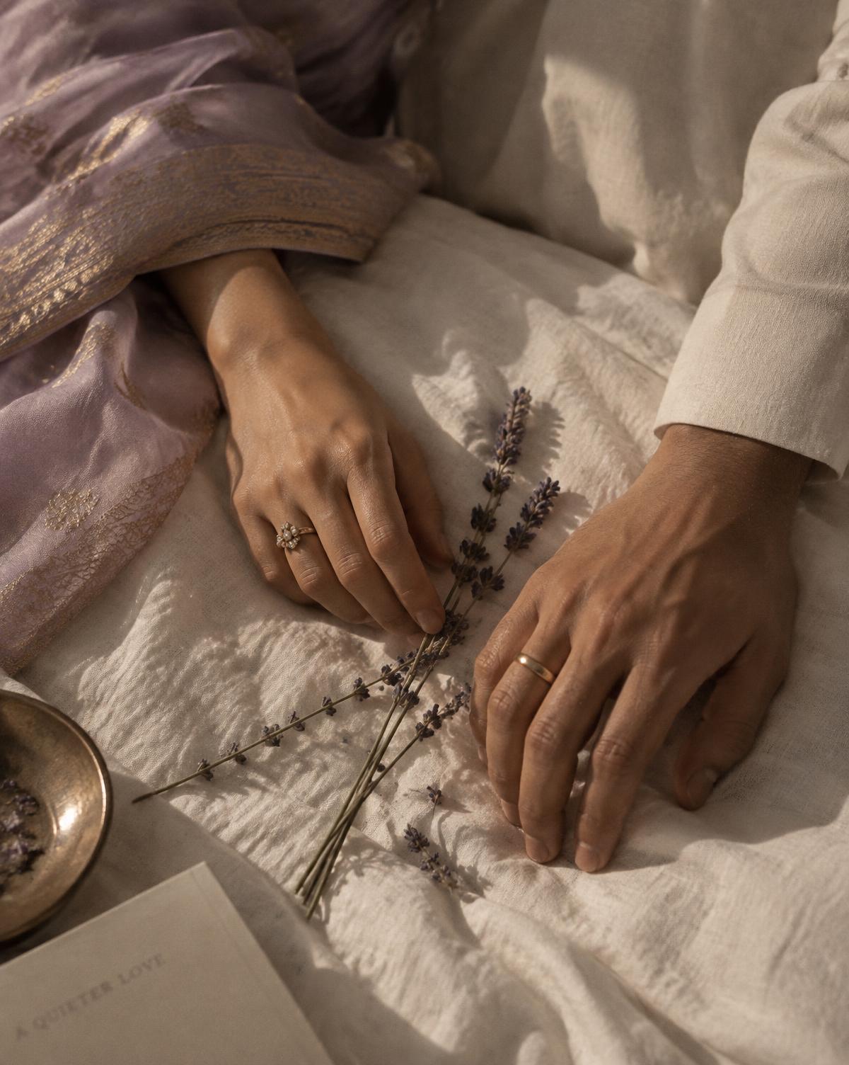 Two hands resting near a sprig of lavender on linen